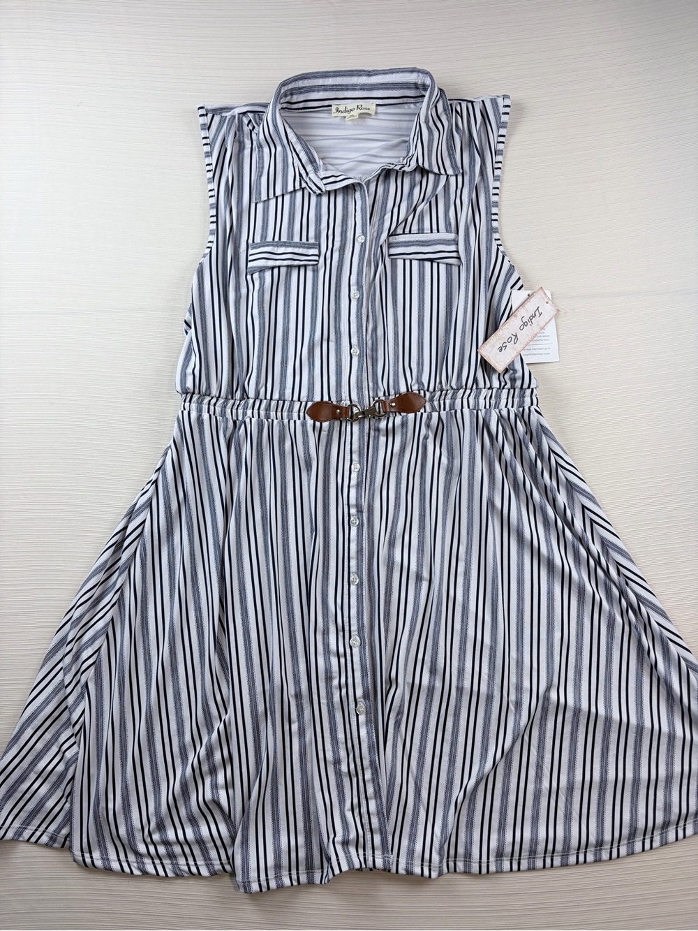 Sleeveless Blue & White Striped Midi Shirt Dress with Brown Belt